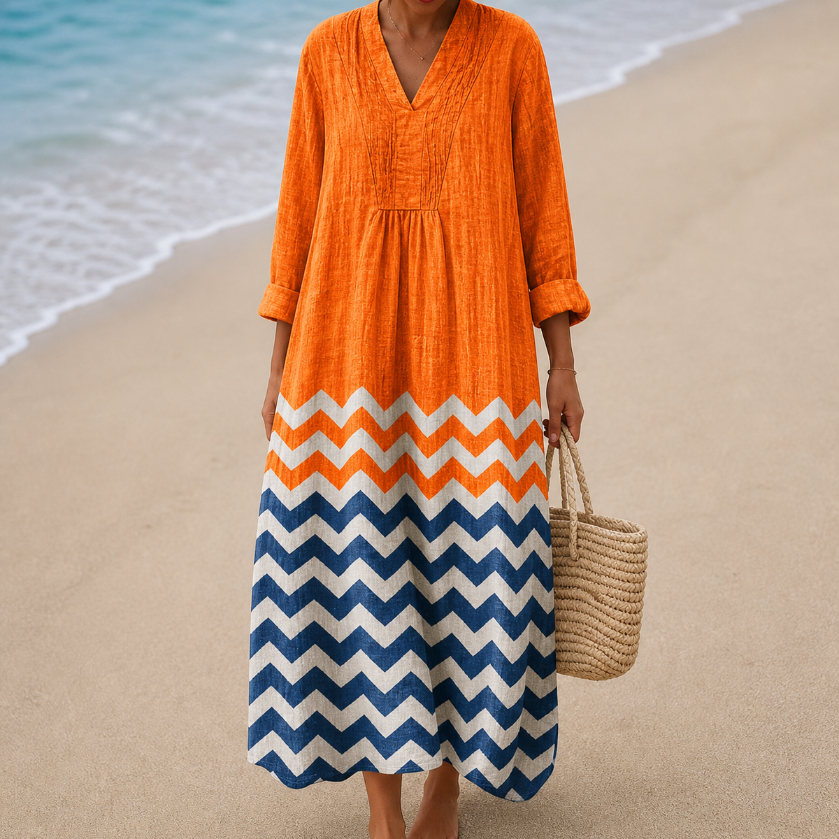 Chevron Colorblock V-Neck Long Sleeve Maxi Dress