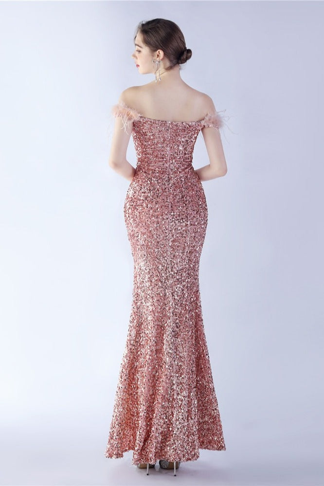 Sequin Off Shoulder Feather Trim High Split Mermaid Gown - View 14