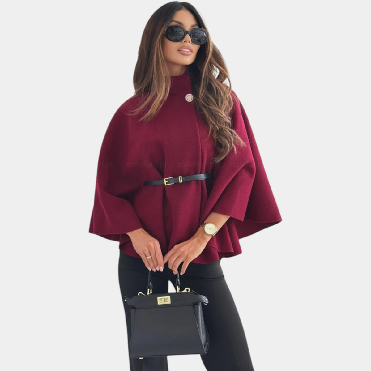 Cape Sleeve High Neck Belted Poncho Cape 6