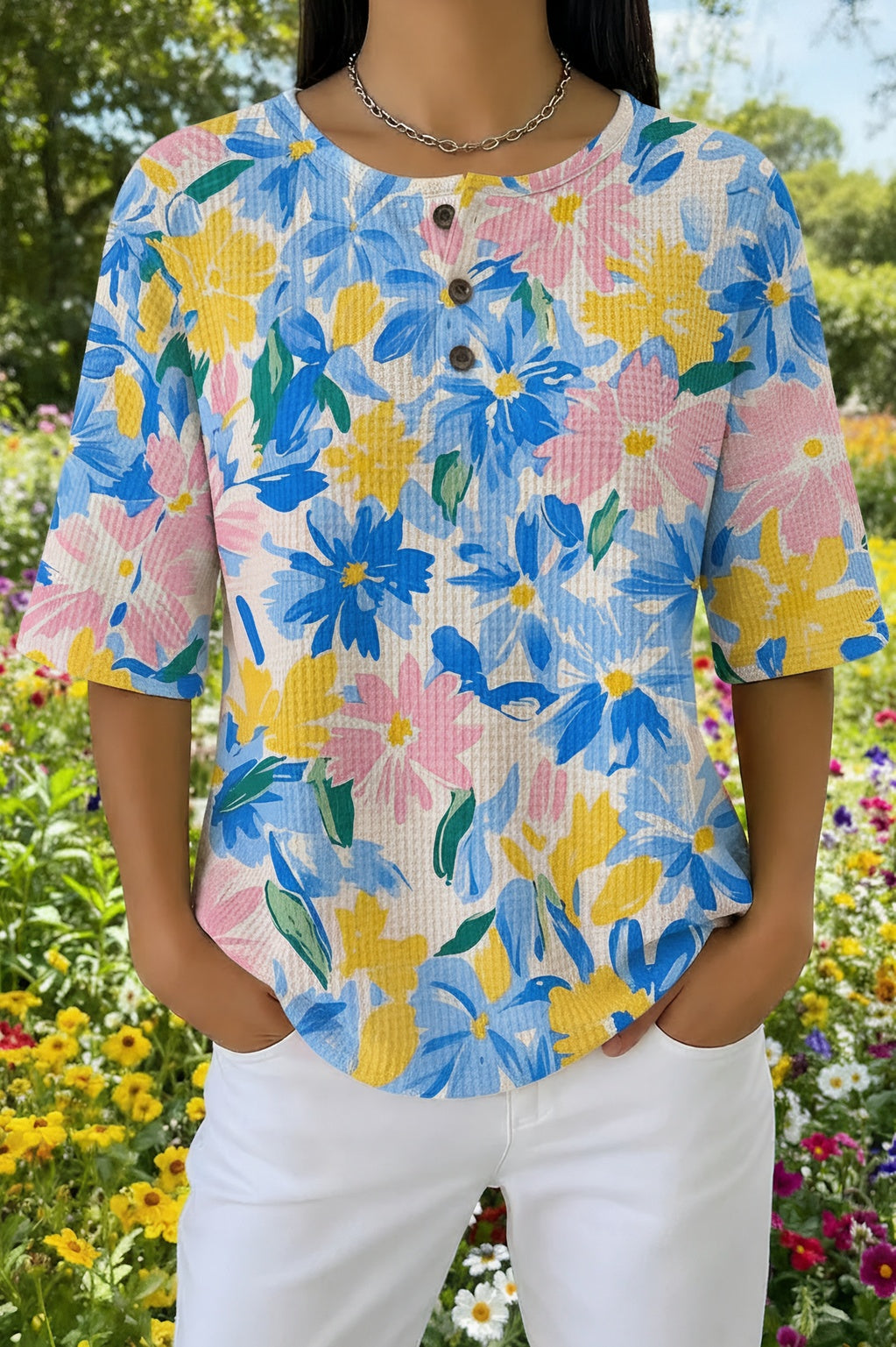 Floral Print Button Henley Short Sleeve Waffle Top