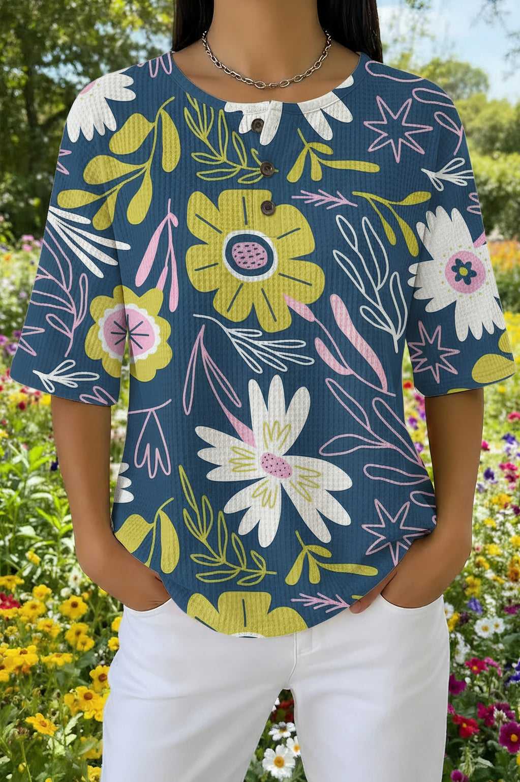 Floral Print Waffle Knit Notch Neck Short Sleeve Top