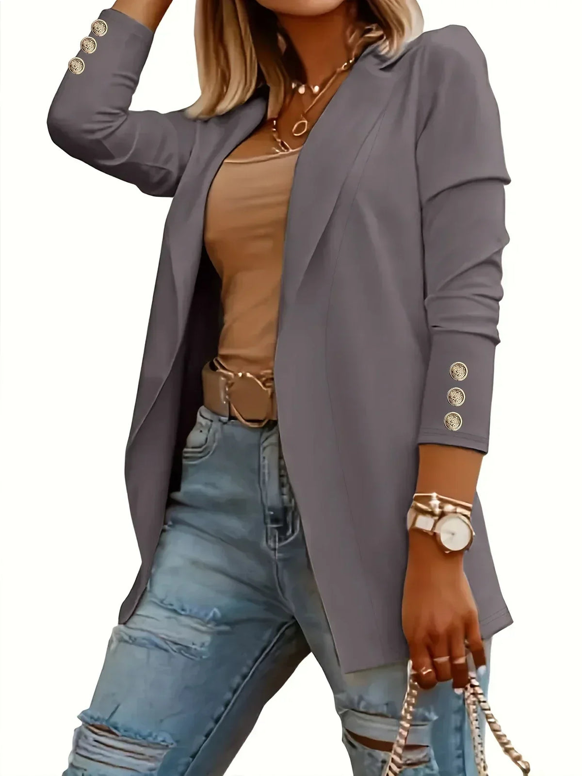 Notch Lapel Button Cuff Open Front Blazer 10