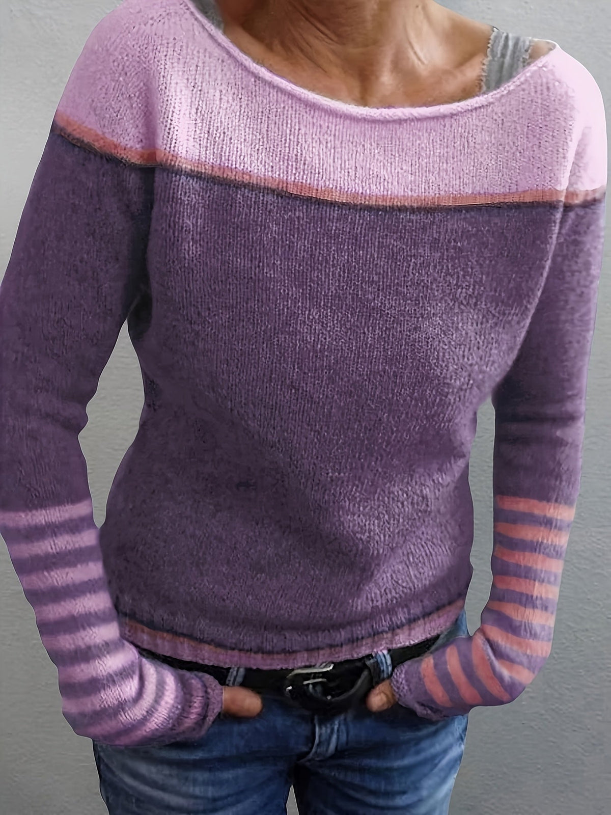 Boat Neck Long Sleeve Striped Lightweight Knit Sweater 13