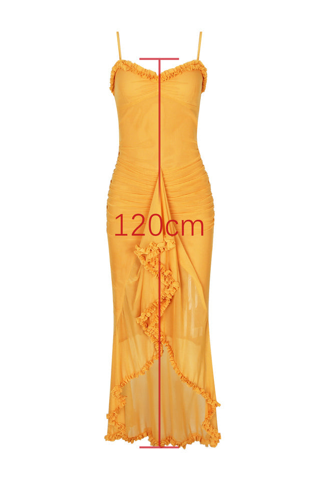 Chiffon Spaghetti Strap Sweetheart Ruched Cascading Ruffle Gown - View 6