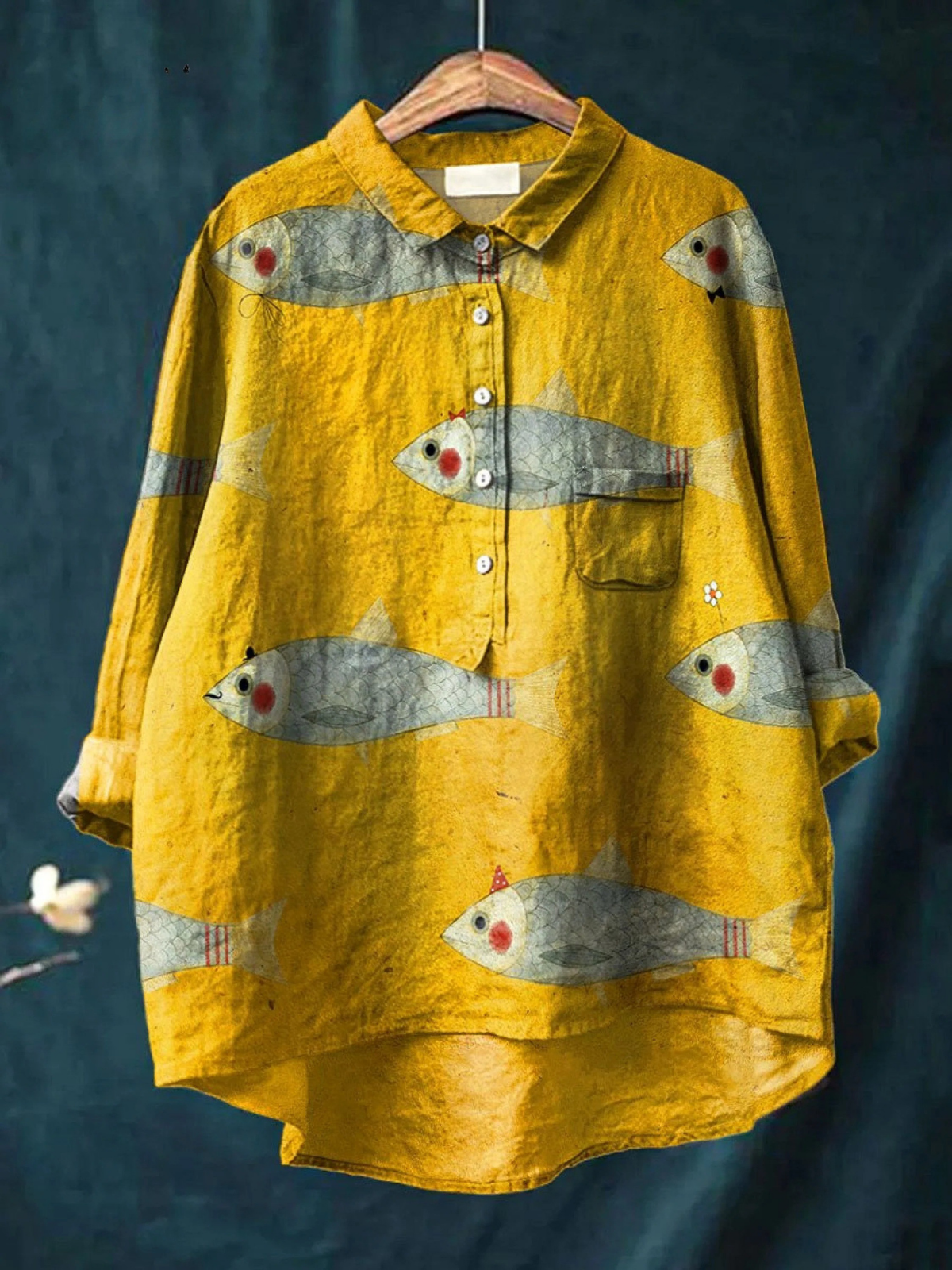 Fish Print Button Front Collared Linen Shirt