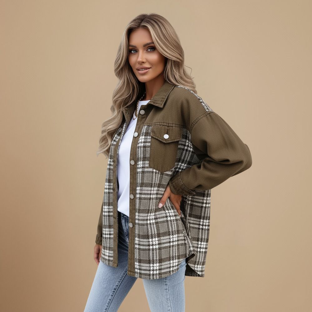 Plaid Patchwork Denim Button Front Shacket 9