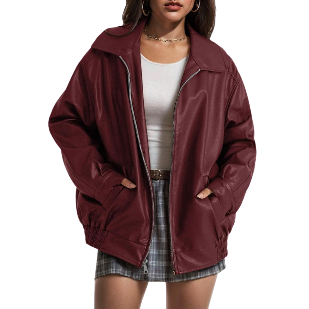 Oversized Faux Leather Zip Front Collared Jacket 4