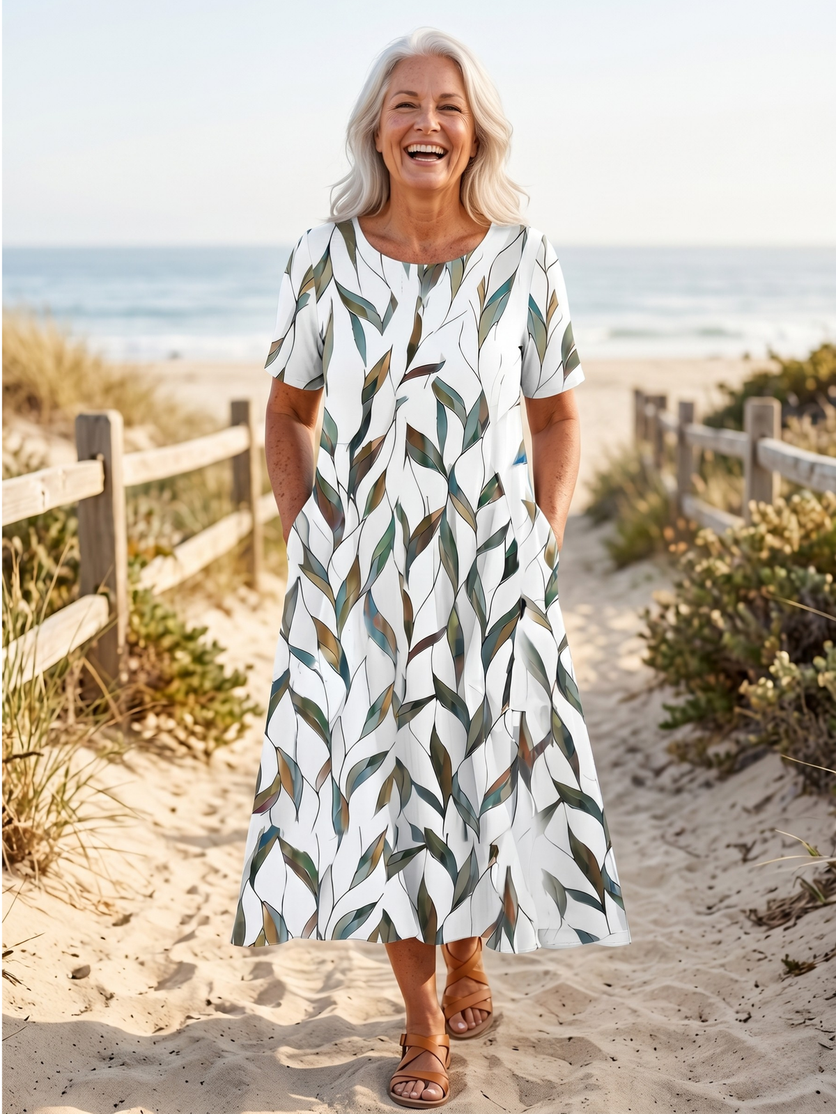 Leaf Print Crew Neck Half Sleeve A-Line Midi Dress 2