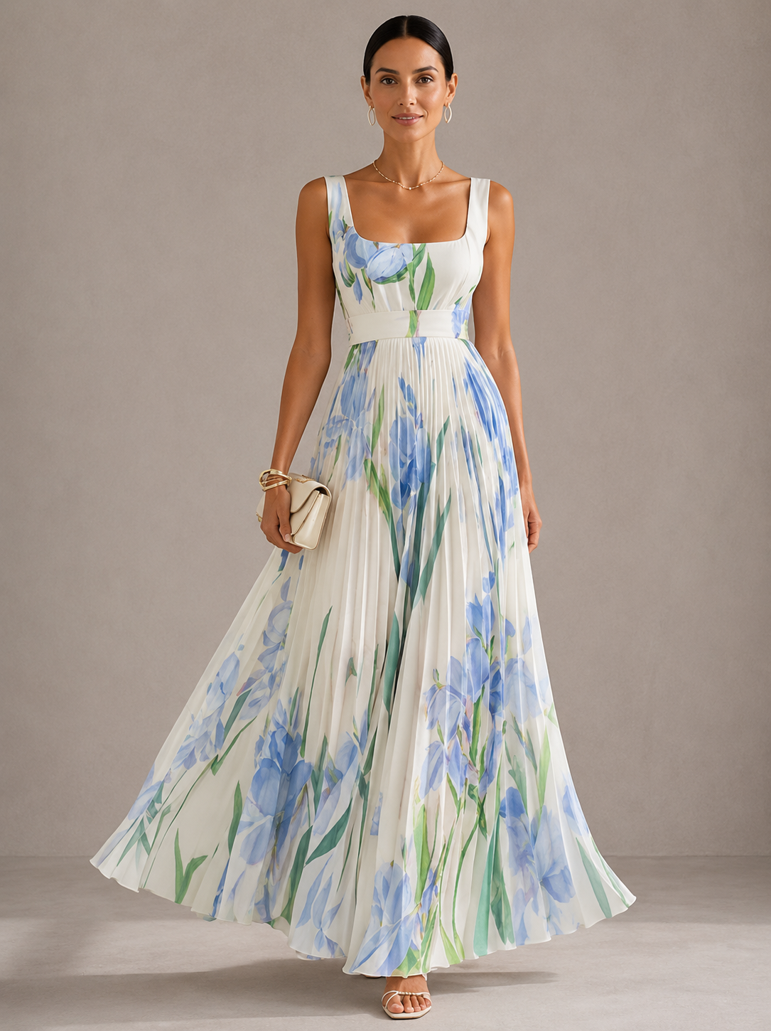 Floral Pleated Square Neck Sleeveless A-Line Maxi Dress Wedding Guest 2