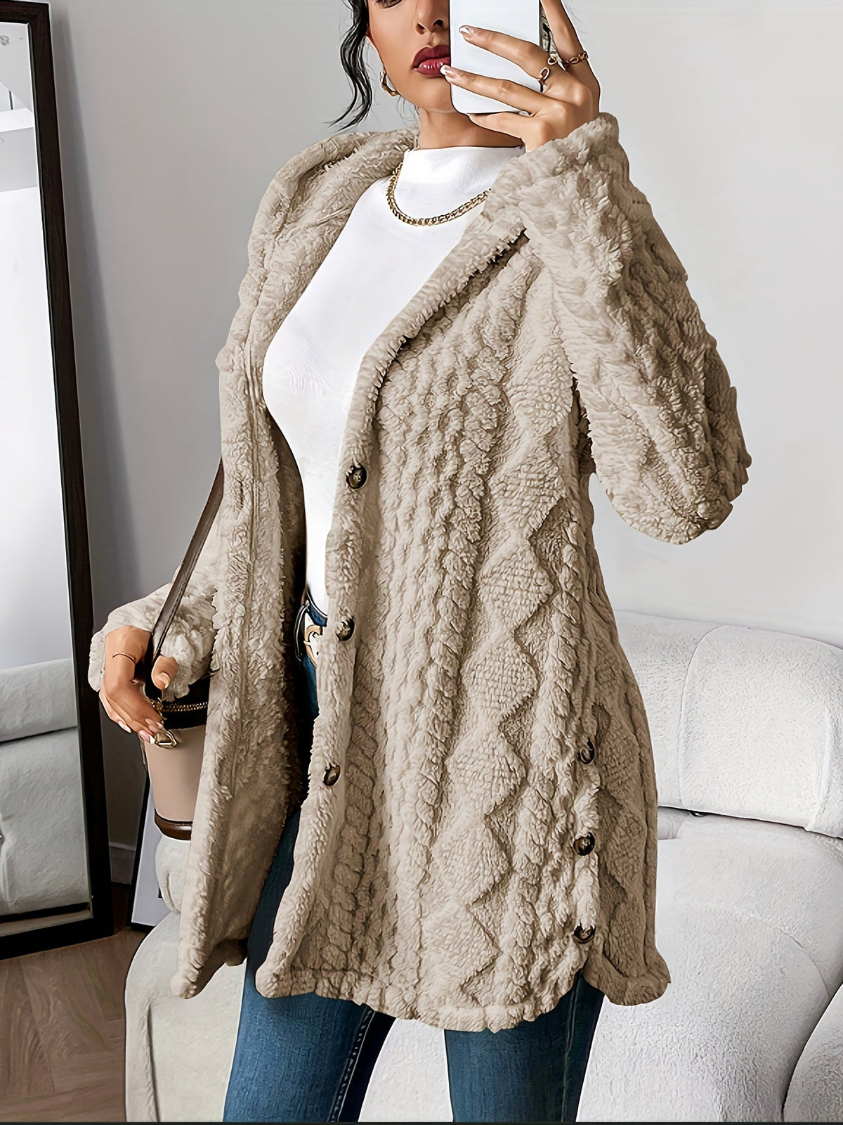 Textured Fleece Hooded Button Front Cardigan Coat 7