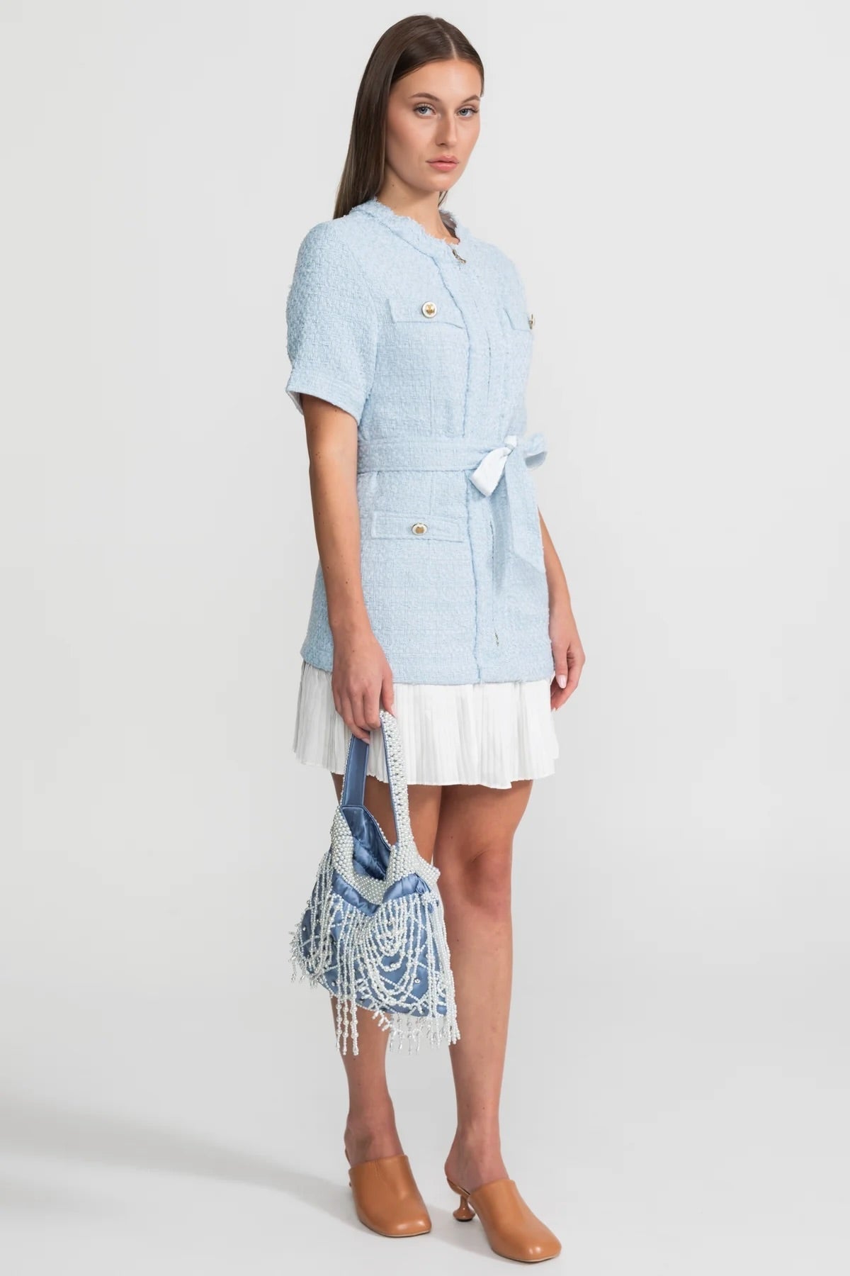 Tweed Zip Front Frayed Edge Pocket Tie Belt Pleated Hem Jacket Dress - View 2