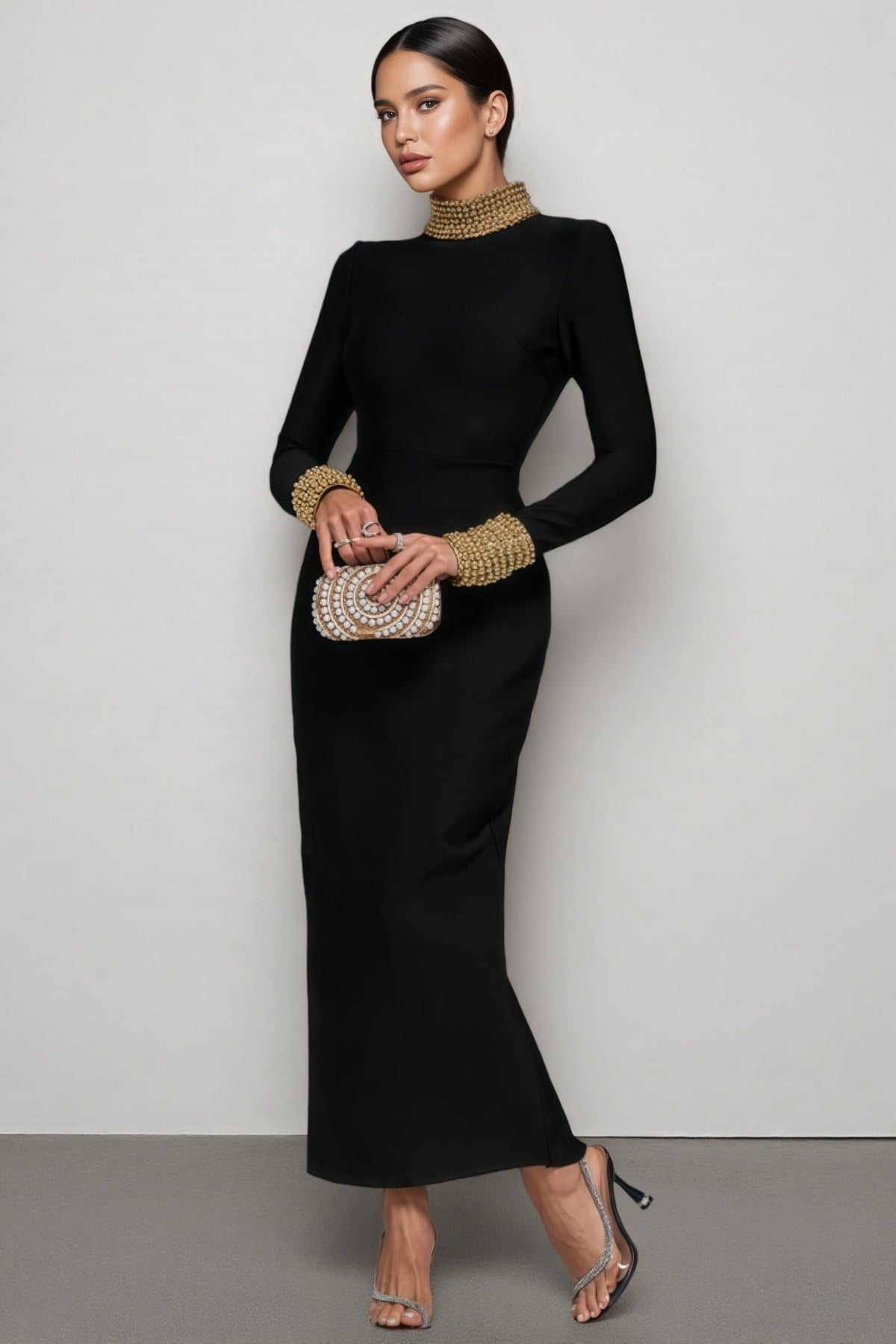 Beaded Mock Neck Long Sleeve Bodycon Bandage Maxi Gown - View 2