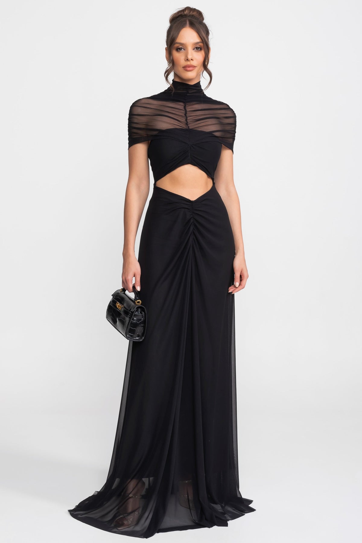 Ruched Off-The-Shoulder Maxi Dress With Cut-Out Waist - Black - View 2