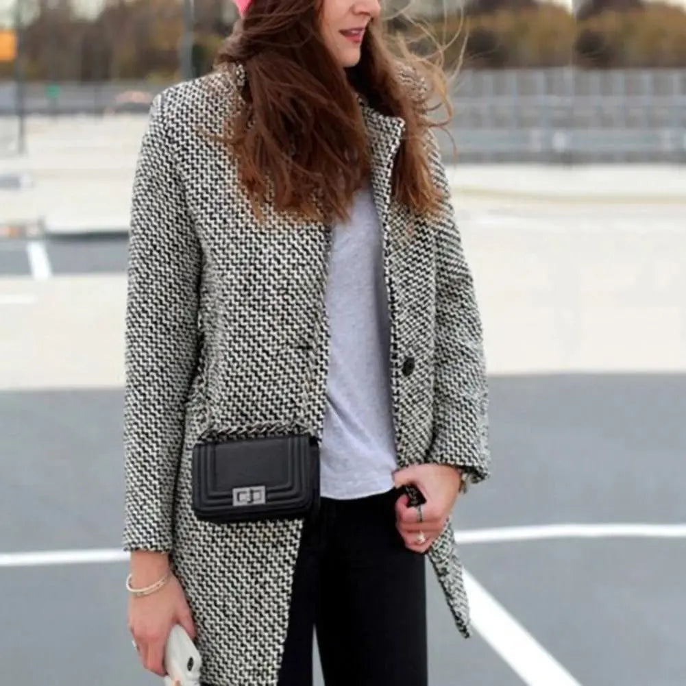 Tweed Look Lapel Single Breasted Longline Coat 2