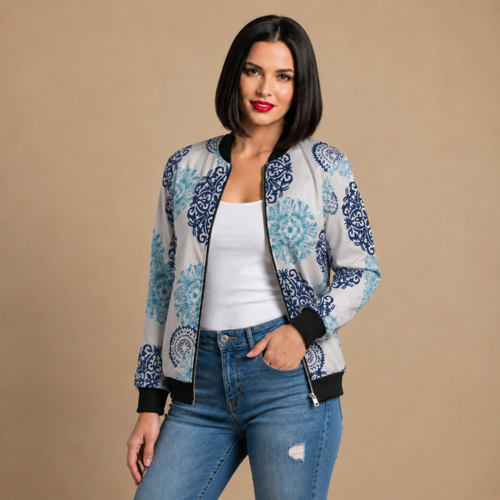 Cat and Music Print Zip Front Bomber Jacket 7