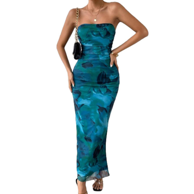 Floral Print Strapless Ruched High Split Bodycon Maxi Dress 2