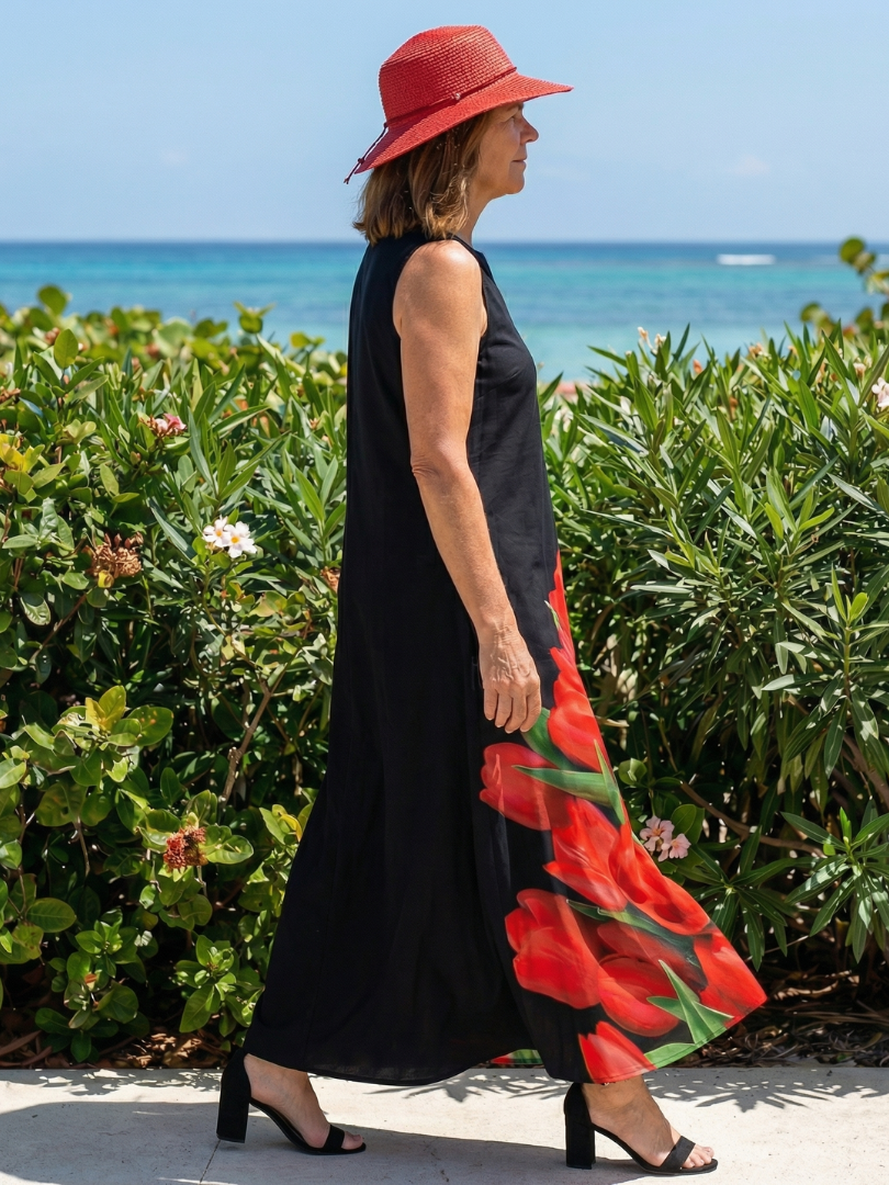 Notch Neck Sleeveless Tulip Print Maxi Dress 2