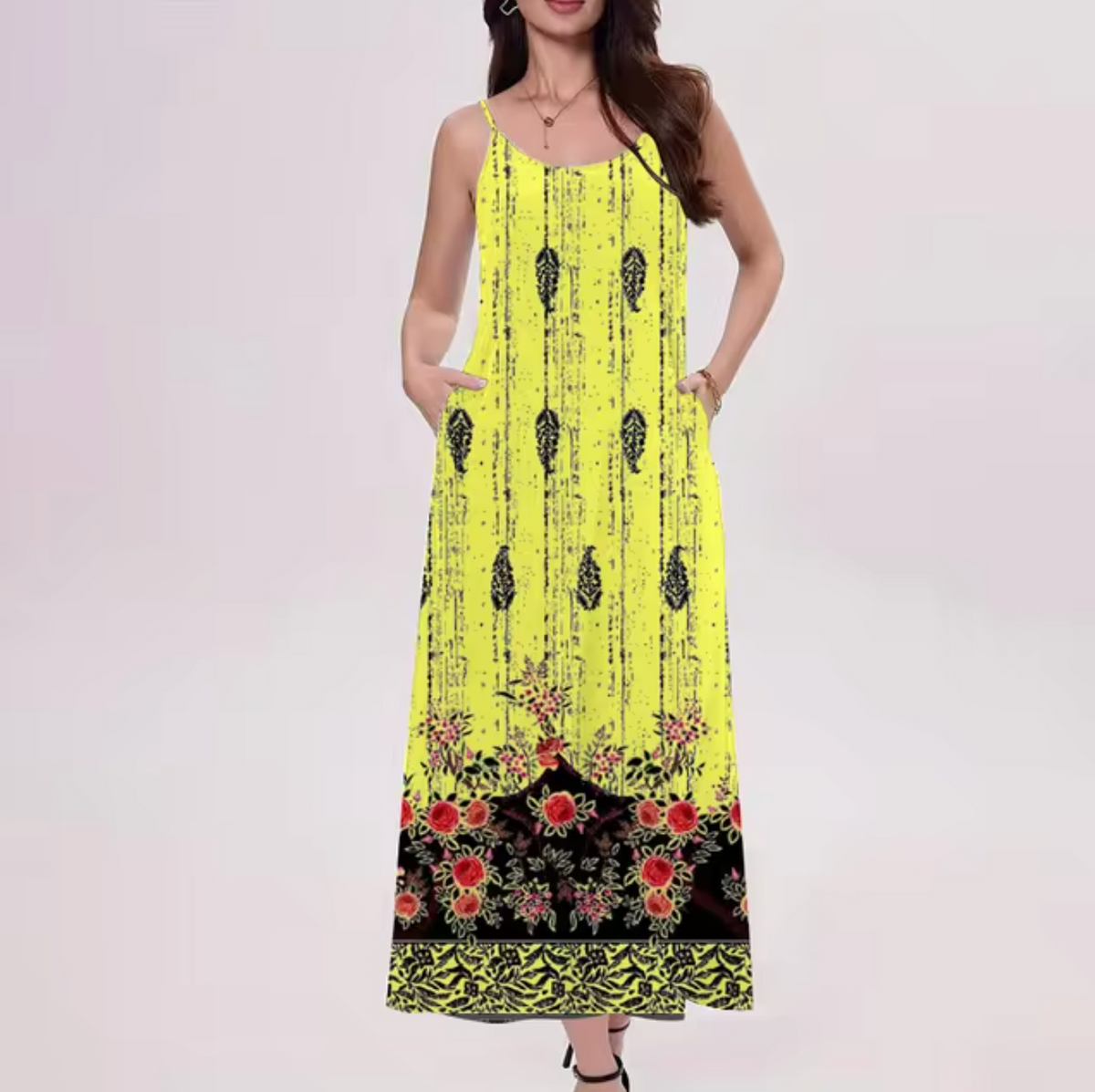 Floral Border Print Spaghetti Strap Scoop Neck A-Line Maxi Dress - View 2