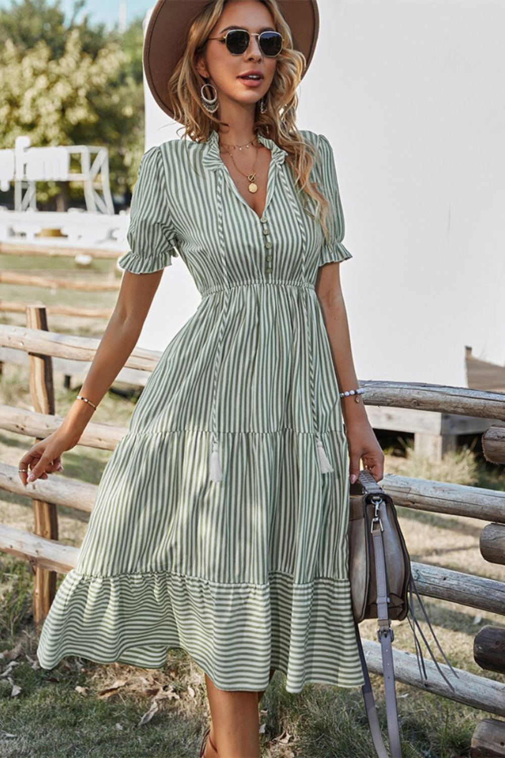 Stripe Print Tiered Drawstring Waist Puff Sleeve Midi Dress - View 2