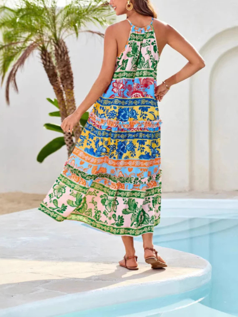 Floral Border Print Halter Neck Tiered Maxi Dress 3