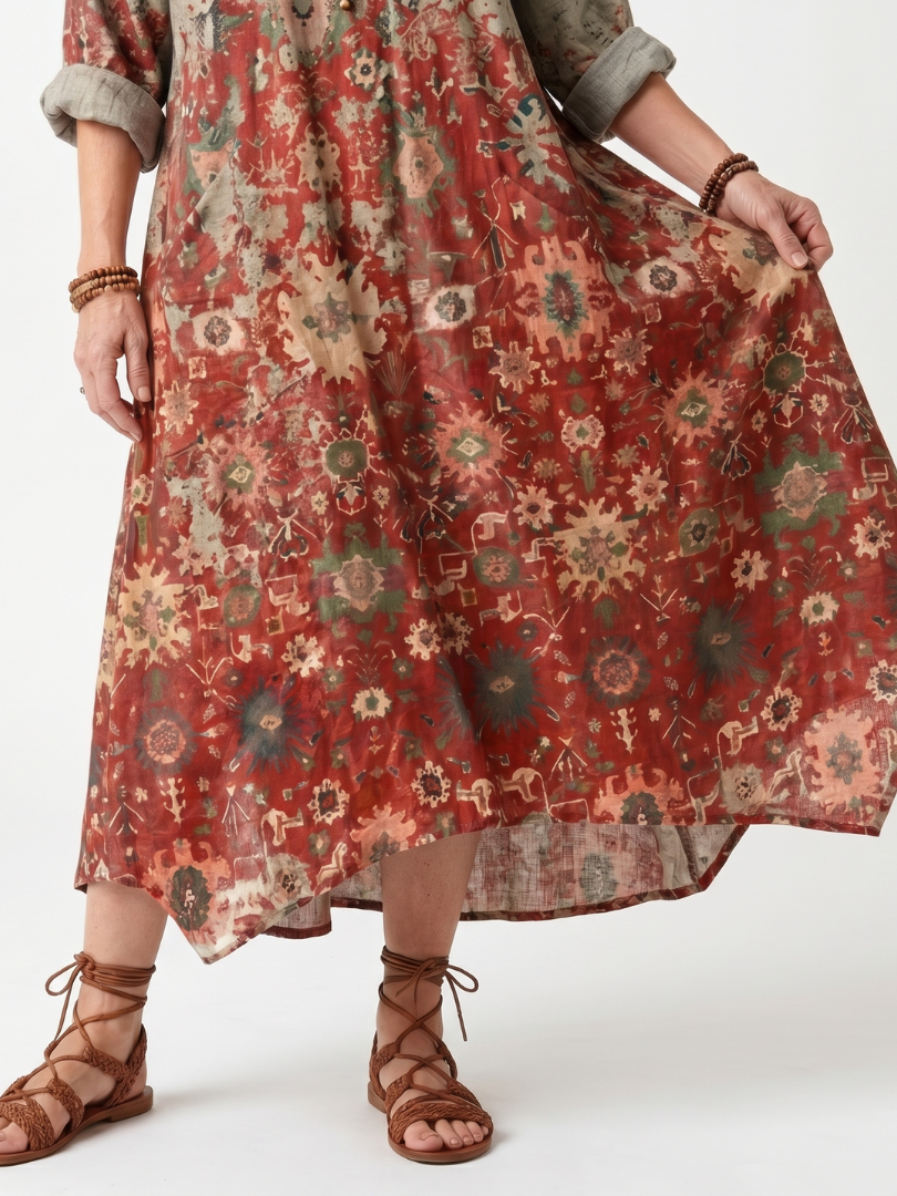 Mixed Medallion Print V-Neck Roll Tab Sleeve Maxi Dress 3