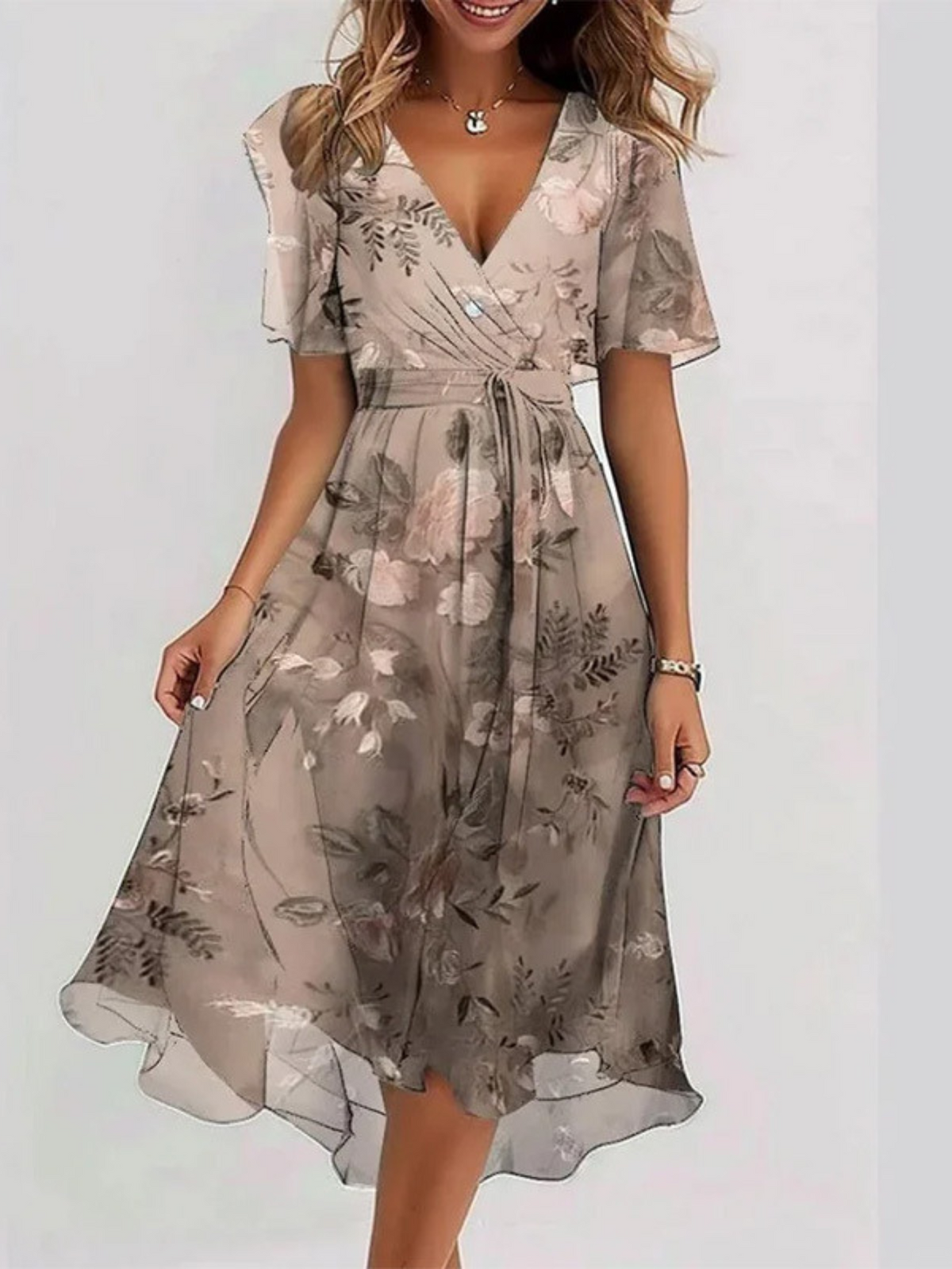 Floral V-Neck Short Sleeve Tie Waist High Low Midi Dress