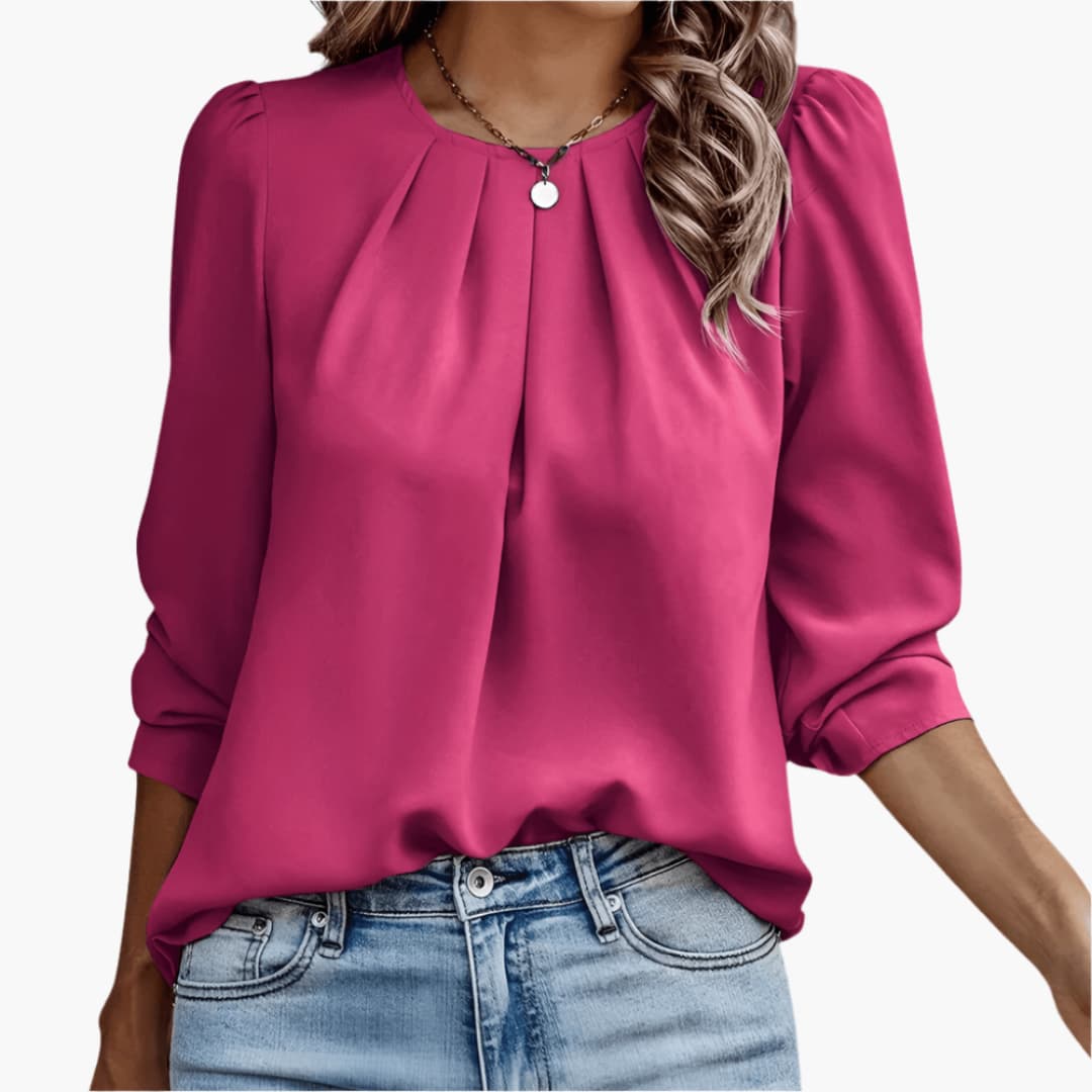 Pleated Round Neck 3/4 Sleeve Blouse 5
