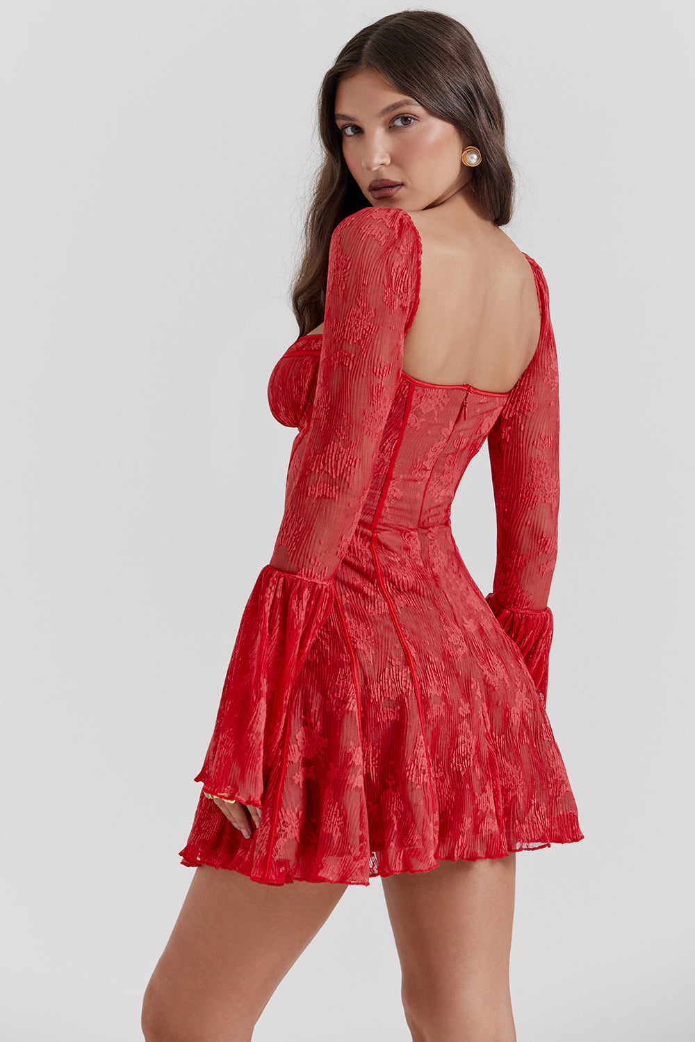 Floral Lace Bell Sleeve Corset Fit and Flare Mini Dress - View 15