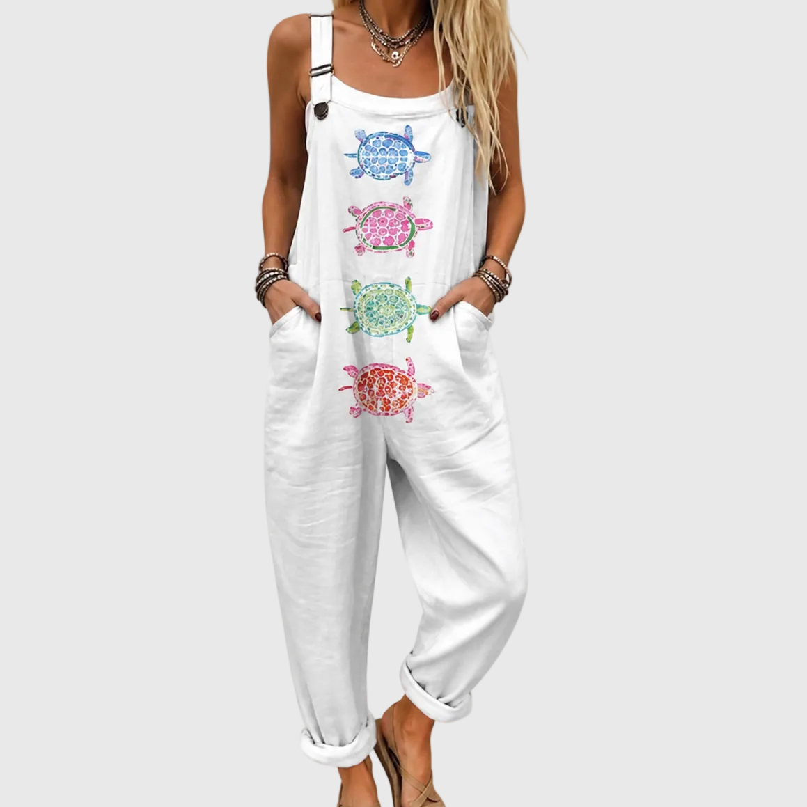 Sea Turtle Print Adjustable Strap Pocket Overall Jumpsuit