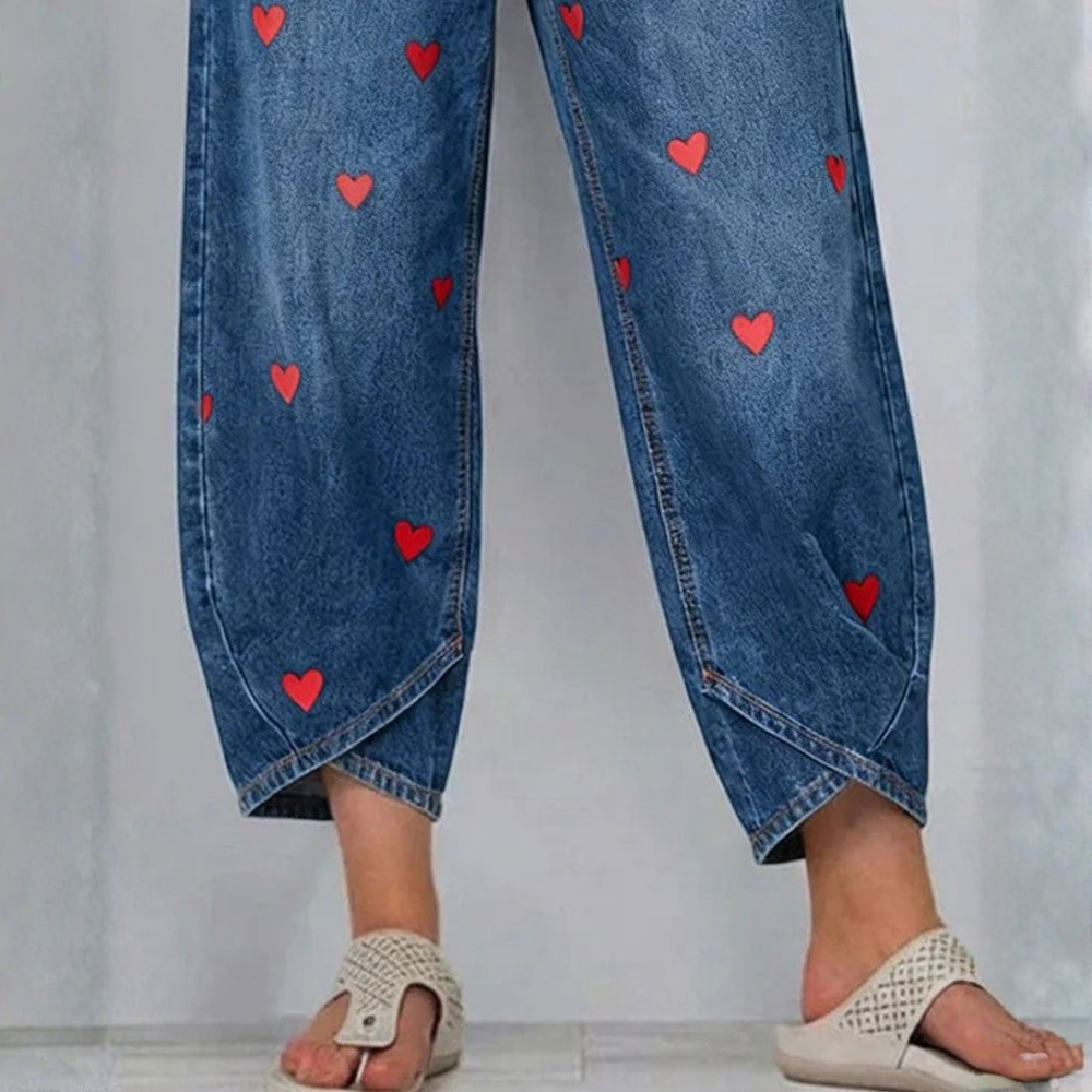 Heart Print High Waist Barrel Leg Ankle Jeans 4