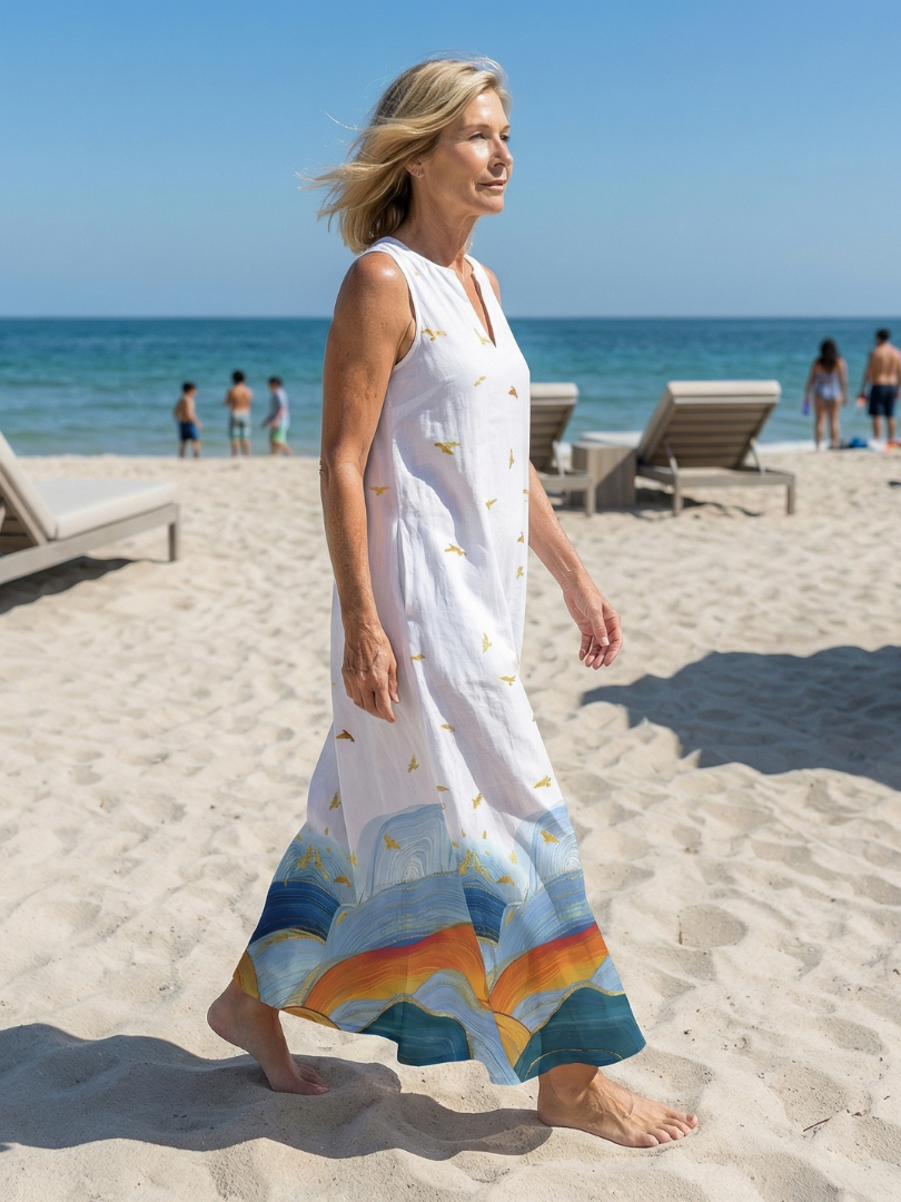 Notch Neck Sleeveless Bird Print Scenic Border Maxi Dress 2