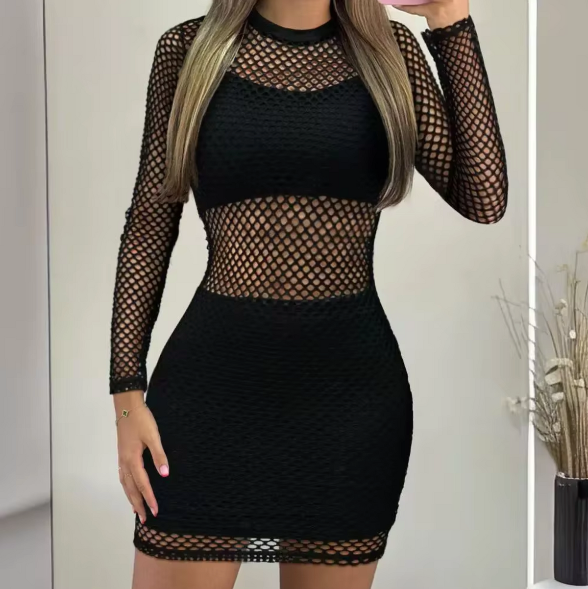Mesh Long Sleeve Bodycon Mini Dress - View 5