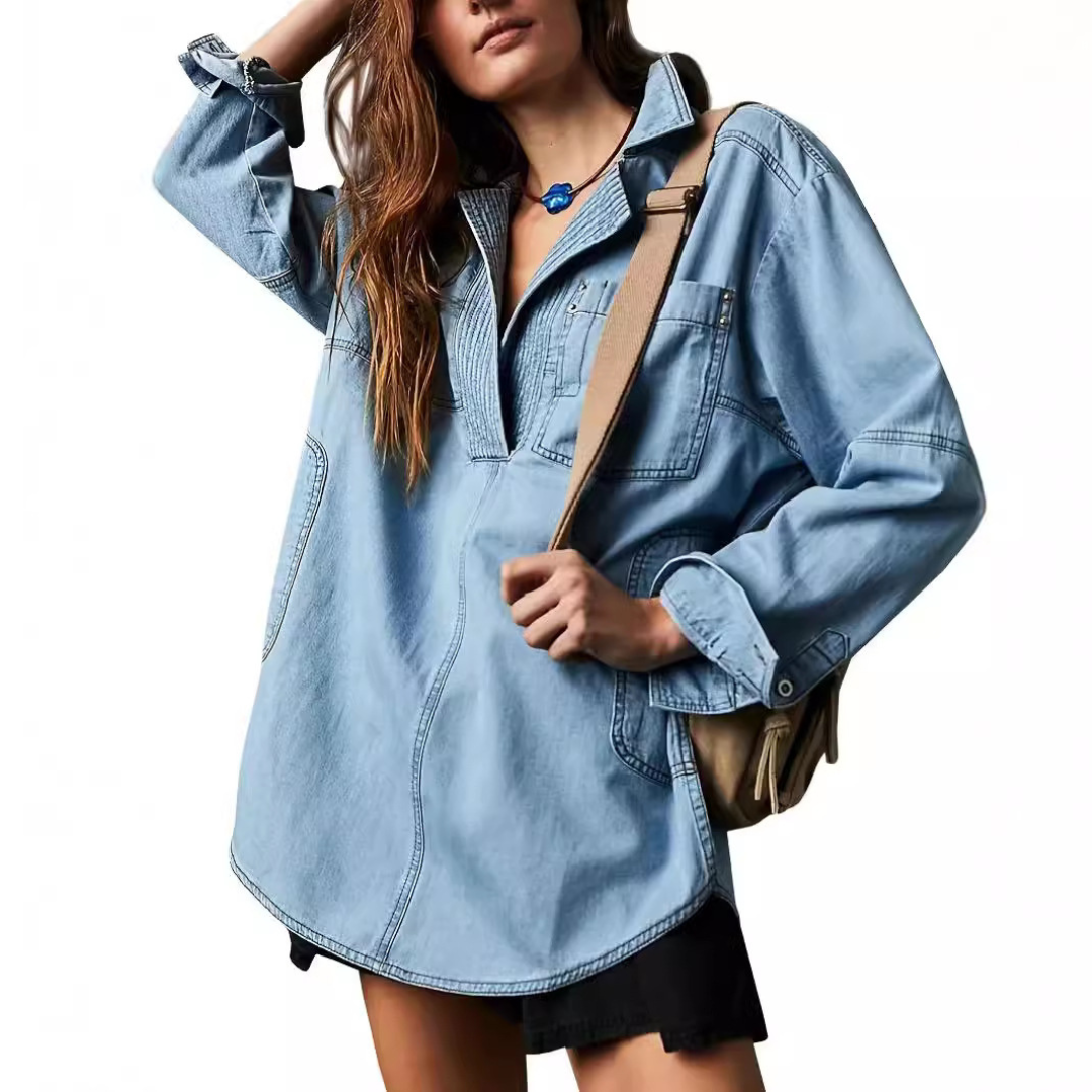 Collared Button Front Long Sleeve Oversized Denim Shirt