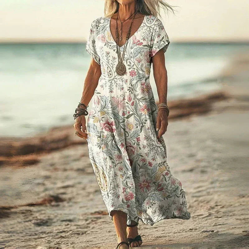 Tie Dye Print V-Neck Short Sleeve Loose Maxi Beach Dress 3