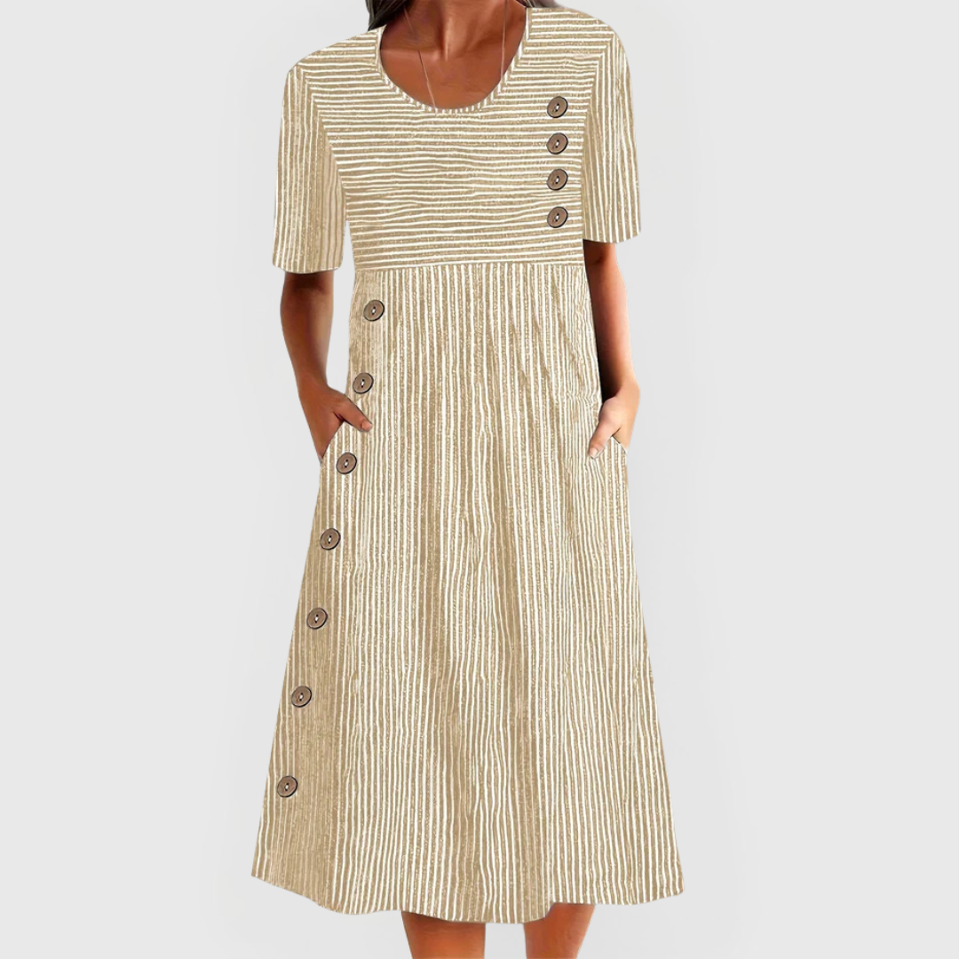 Striped Round Neck Short Sleeve Button Front Midi Dress 4