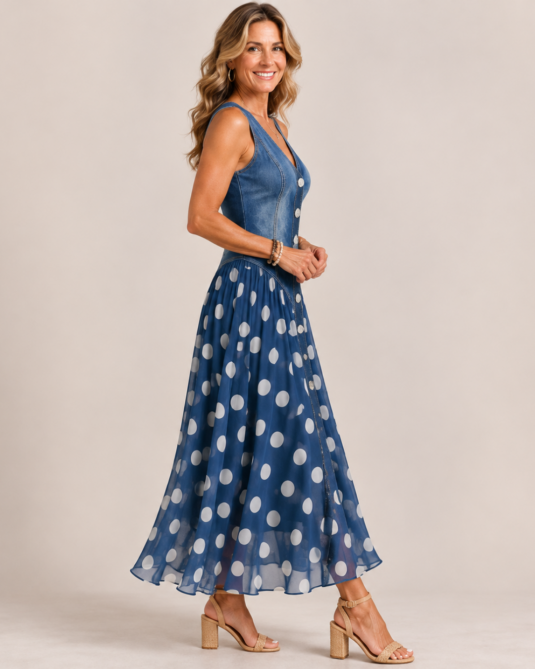 V-Neck Button Front Denim Bodice Polka Dot Maxi Dress 2