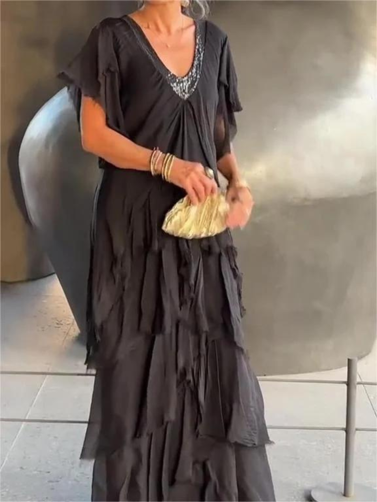 V-Neck Flutter Sleeve Tiered Ruffle Maxi Dress 2