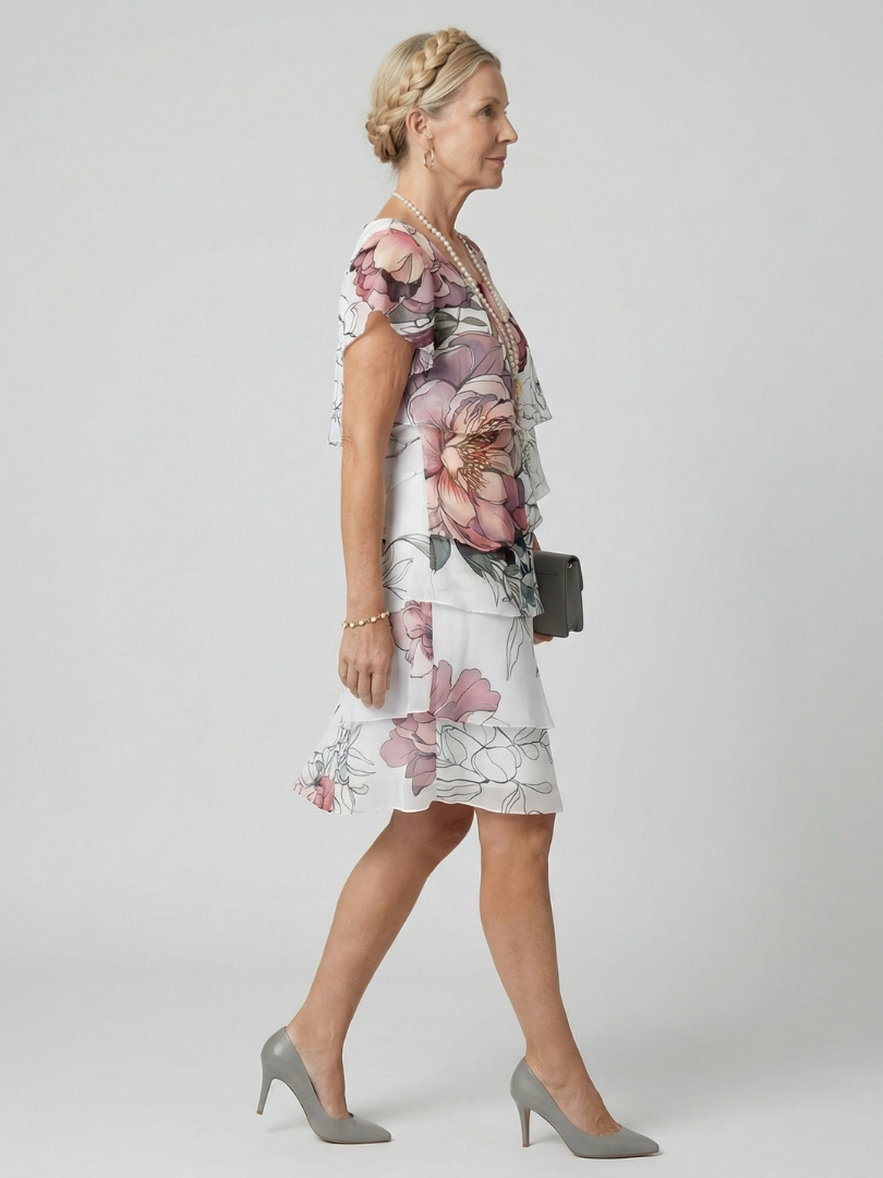 Watercolor Floral Flutter Sleeve Tiered Knee Length Dress 2