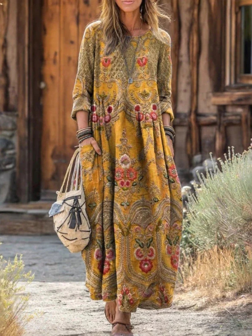 Paisley Floral Long Sleeve Round Neck Maxi Dress 2