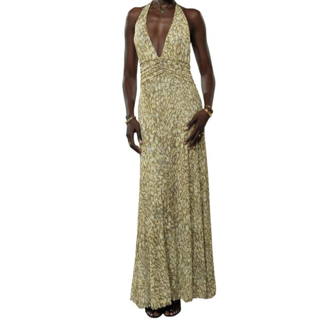 Floral Halter Neck Deep V-Neck Ruched Maxi Dress 2