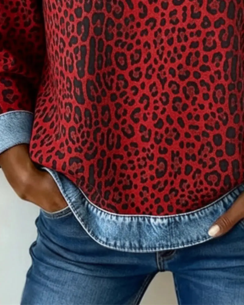 Leopard Print Denim Look Contrast Crew Neck Sweatshirt 7