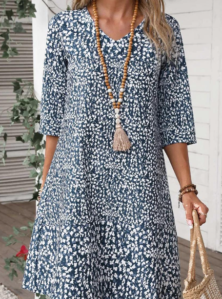 Abstract Print V-Neck Three Quarter Sleeve Tiered Shift Mini Dress