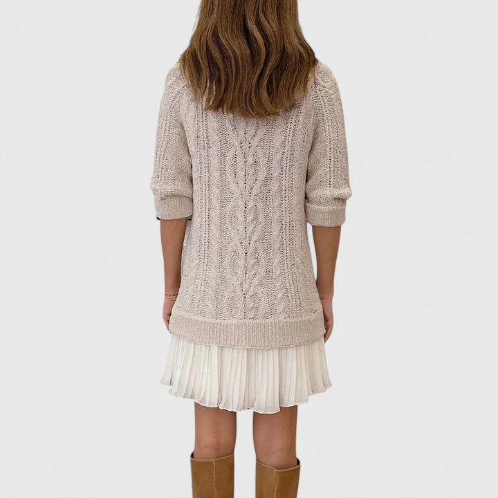 Crew Neck Long Sleeve Cable Knit Pleated Hem Sweater Dress 3