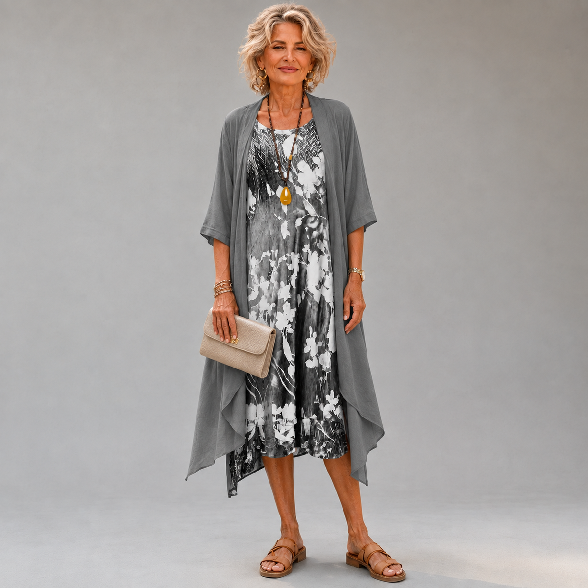 Floral Print Sleeveless Dress and Open Front Duster Two Piece Set 4
