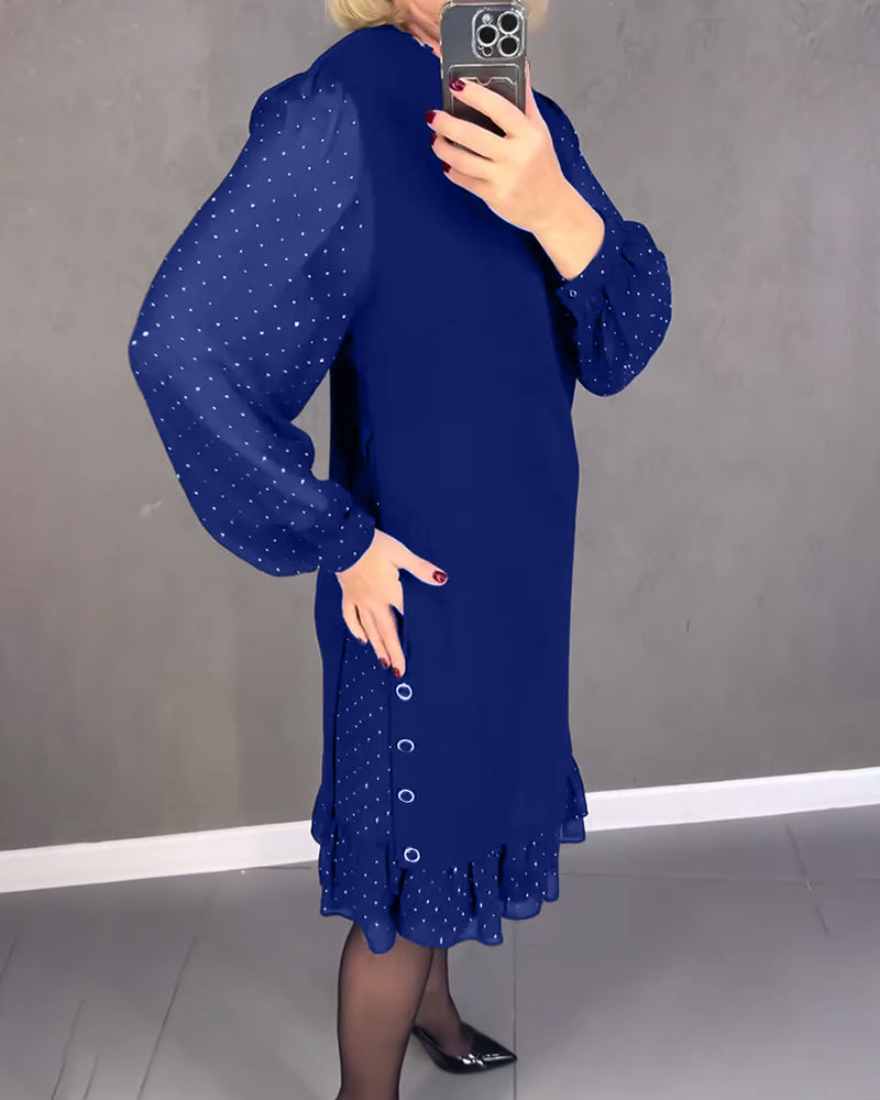 Round Neck Sheer Dot Sleeve Ruffle Hem Shift Midi Dress 14