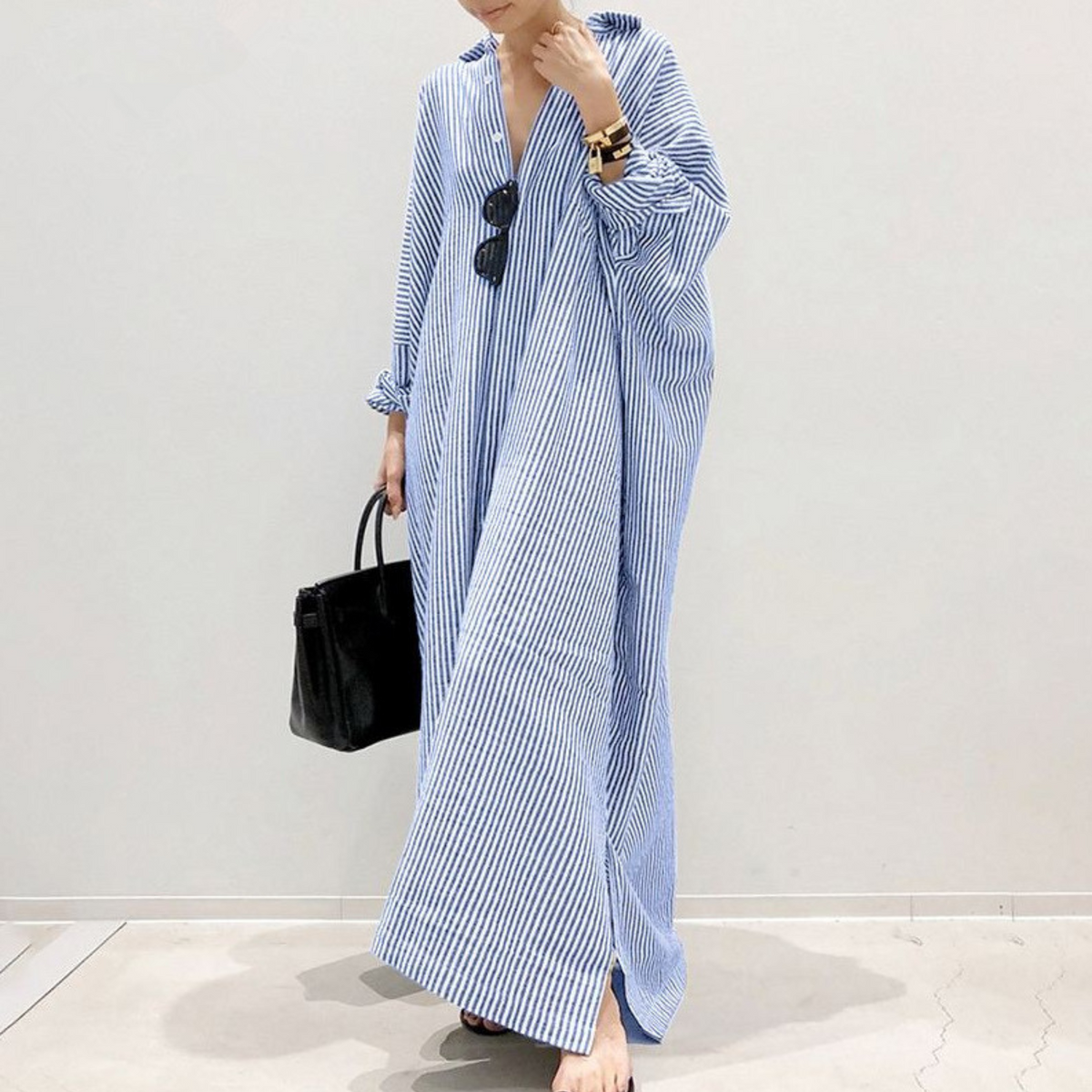 Striped Long Sleeve Button Front Oversized Shirt Maxi Dress 3