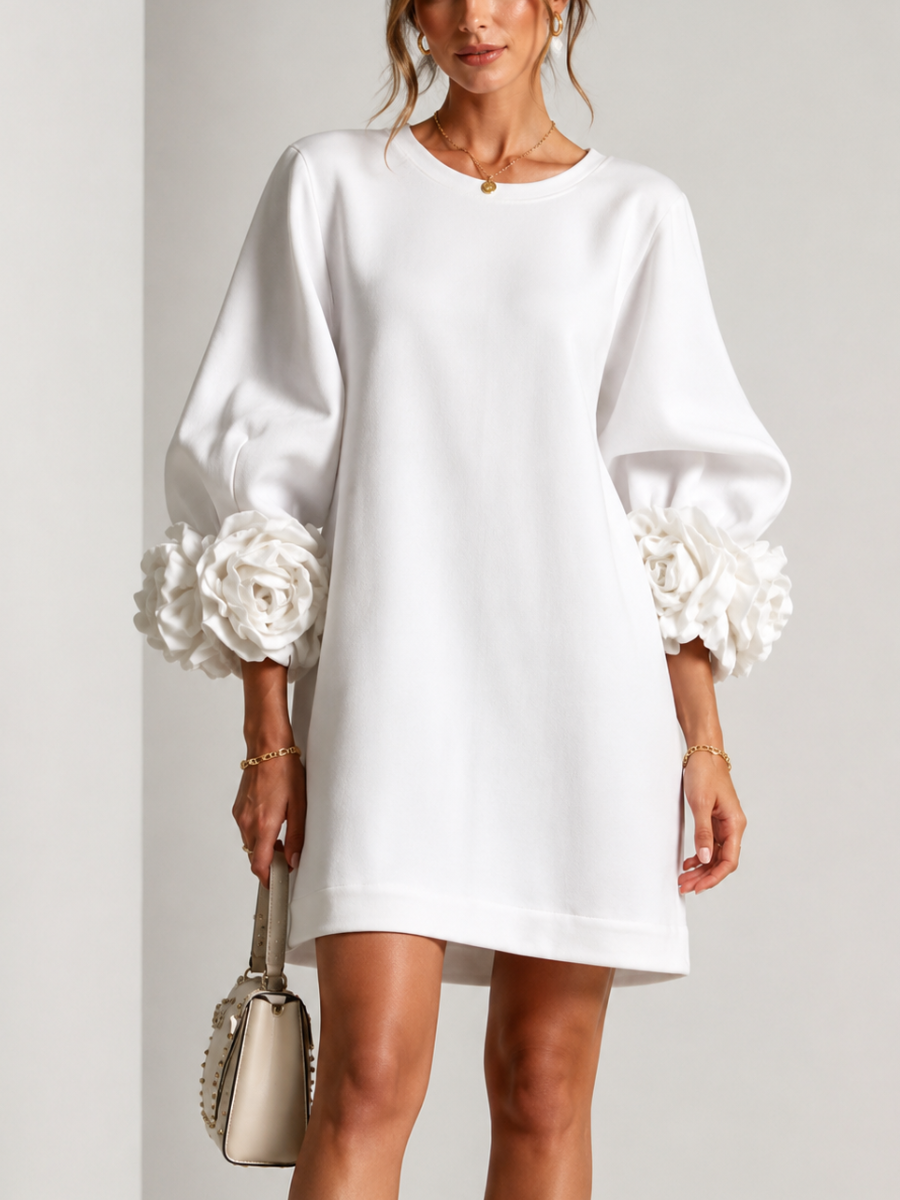 Round Neck Lantern Sleeve 3D Floral Cuff Mini Dress