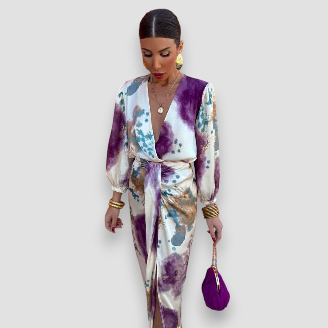 Watercolor Print Deep V-Neck Long Sleeve Wrap Midi Dress 2