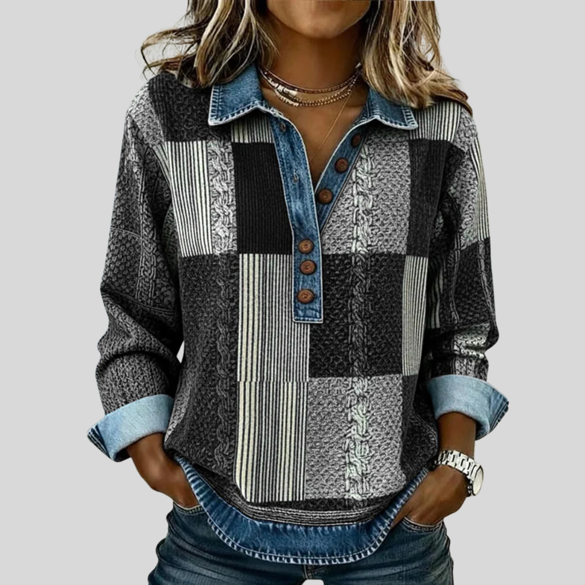 Patchwork Plaid Collared Quarter Button Long Sleeve Knit Pullover 2