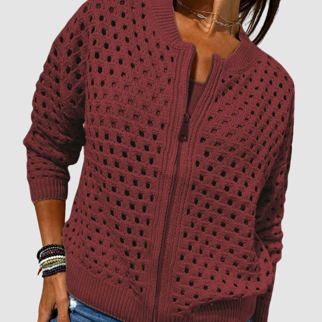 Open Crochet Knit Zip Front Long Sleeve Cardigan 7
